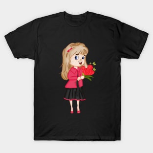 A girl holding a bouquet of red flowers T-Shirt